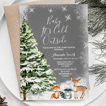 White Snowflake Animal Evergreen Trees Baby Shower Invitation by HappyPartyStudio at Zazzle