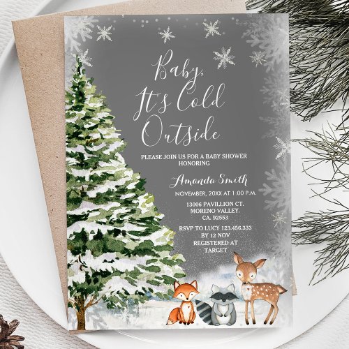 White Snowflake Animal Evergreen Trees Baby Shower Invitation