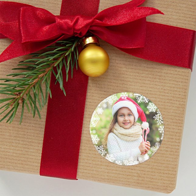 White Snowflake Border Holiday Photo Classic Round Sticker (Creator Uploaded)