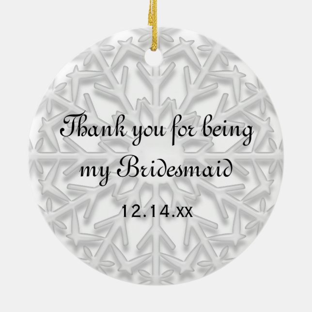 White Snowflake Bridesmaid Thank You Photo Ceramic Ornament (Back)