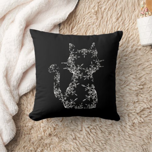 White Snowflake Cat Silhouette Throw Pillow