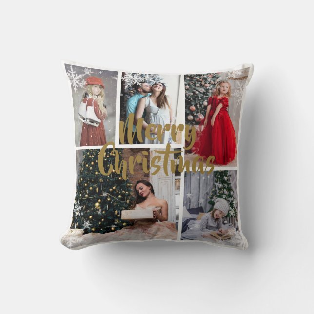 White SnowFlake Gold Merry Christma Photo Collage  Throw Pillow (Front)