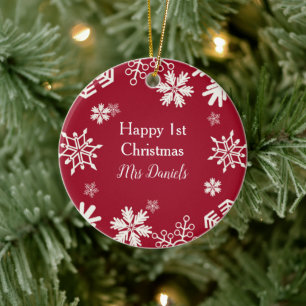 White Snowflake Just Married First Christmas Chr Ceramic Ornament