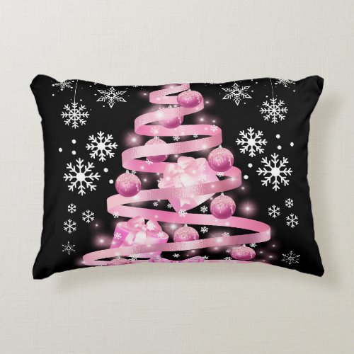 White Snowflake Light Pink Ribbon Christmas Tree   Accent Pillow