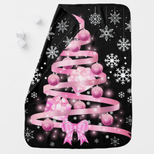 White Snowflake Light Pink Ribbon Christmas Tree Baby Blanket