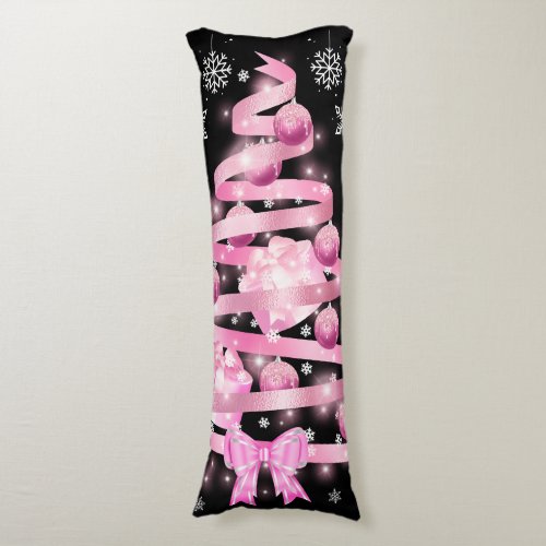 White Snowflake Light Pink Ribbon Christmas Tree   Body Pillow