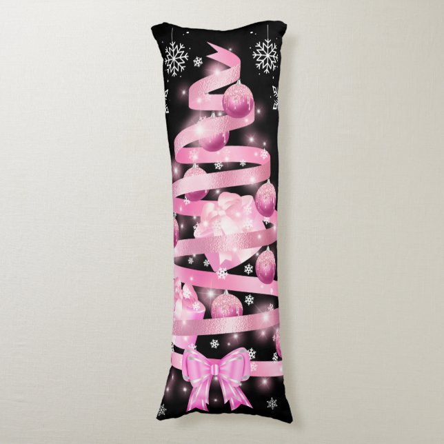 White Snowflake Light Pink Ribbon Christmas Tree   Body Pillow (Front Vertical)
