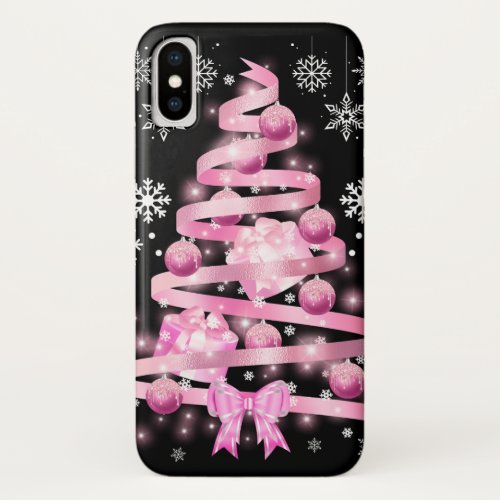 White Snowflake Light Pink Ribbon Christmas Tree   iPhone X Case