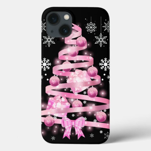 White Snowflake Light Pink Ribbon Christmas Tree   iPhone 13 Case