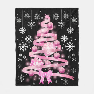 White Snowflake Light Pink Ribbon Christmas Tree Fleece Blanket