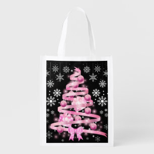White Snowflake Light Pink Ribbon Christmas Tree   Grocery Bag