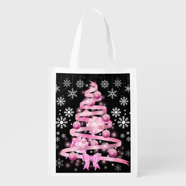 White Snowflake Light Pink Ribbon Christmas Tree   Grocery Bag (Front)
