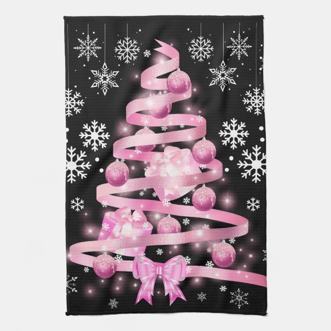 White Snowflake Light Pink Ribbon Christmas Tree  Kitchen Towel (Vertical)