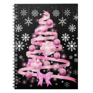 White Snowflake Light Pink Ribbon Christmas Tree Notebook
