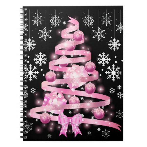 White Snowflake Light Pink Ribbon Christmas Tree   Notebook
