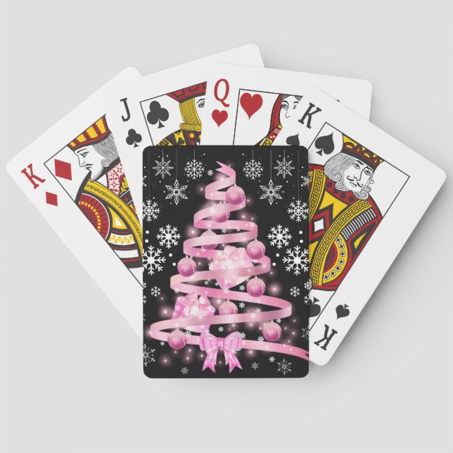 White Snowflake Light Pink Ribbon Christmas Tree  Poker Cards (Back)
