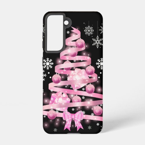 White Snowflake Light Pink Ribbon Christmas Tree   Samsung Galaxy S21 Case