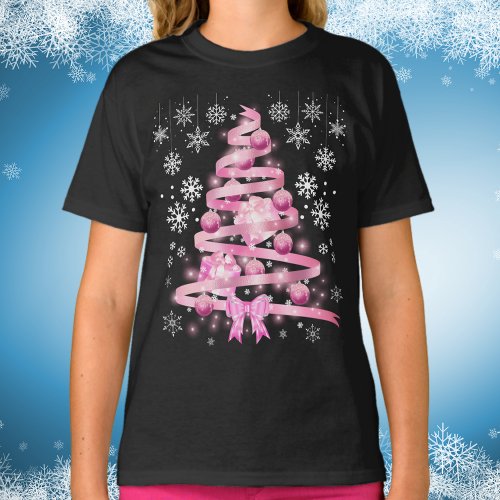 White Snowflake Light Pink Ribbon Christmas Tree   T_Shirt