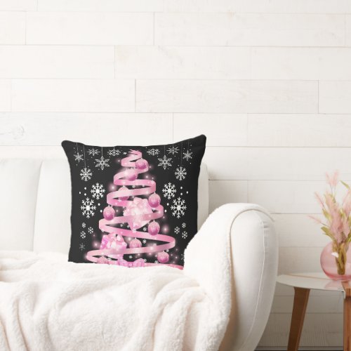 White Snowflake Light Pink Ribbon Christmas Tree   Throw Pillow
