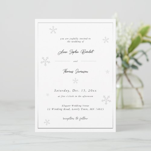 White Snowflake Modern Calligraphy Winter Wedding Invitation