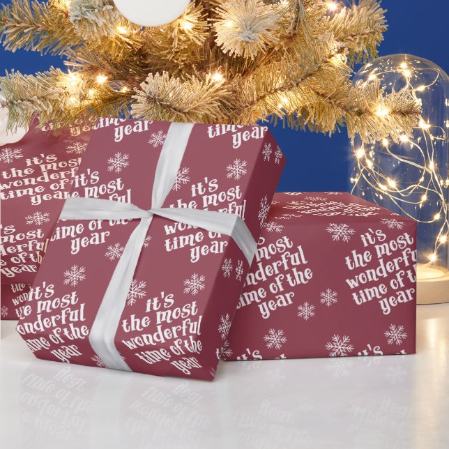 White Snowflake Most Wonderful Time Text on Maroon Wrapping Paper (Holidays)