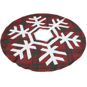 White Snowflake on a Christmas Red Tartan Pattern Brushed Polyester Tree Skirt