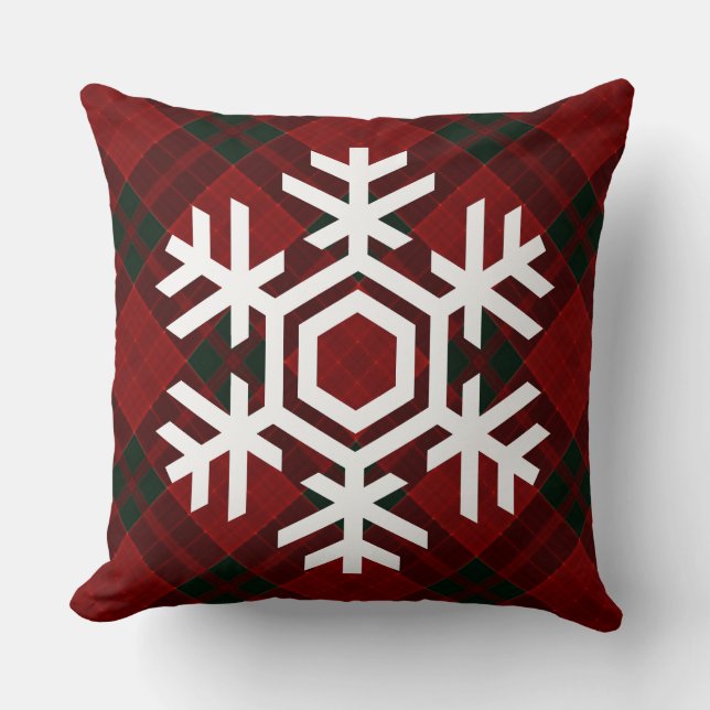 White Snowflake on a Christmas Red Tartan Pattern Throw Pillow (Front)