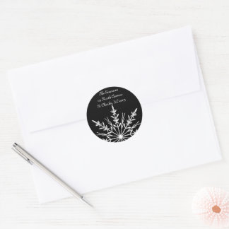 White Snowflake on Black Return Address Classic Round Sticker