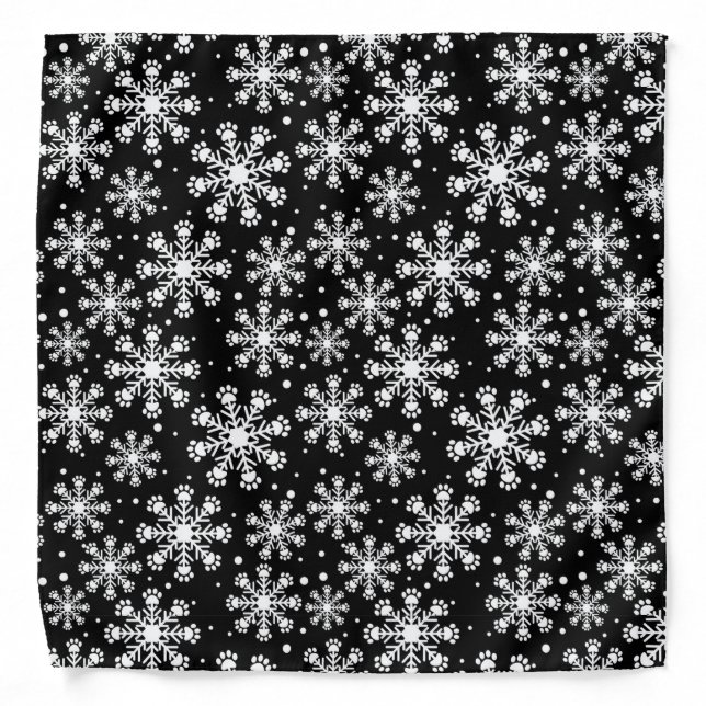 White Snowflake on black with paw print pattern Bandana (Front)