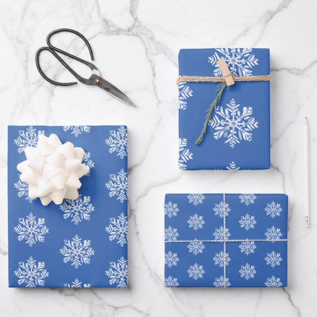 White Snowflake on Blue Christmas Holiday Pattern Wrapping Paper Sheets (Front)