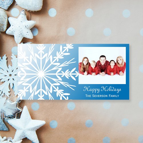 White Snowflake on Blue Christmas Photo Holiday Card