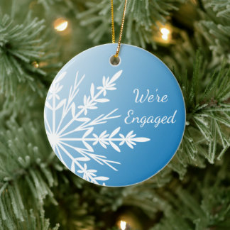 White Snowflake on Blue Engagement Ceramic Ornament
