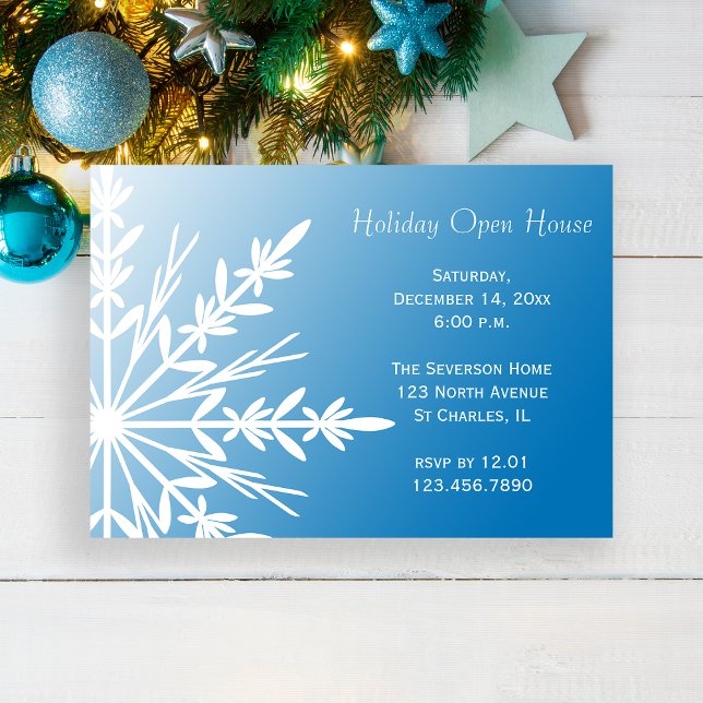 White Snowflake on Blue Holiday Open House Invitation (Creator Uploaded)