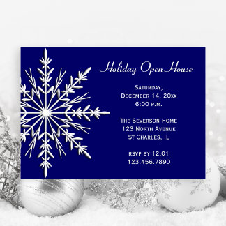 White Snowflake on Blue Holiday Open House Invitation