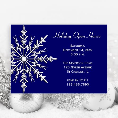 White Snowflake on Blue Holiday Open House Invitation