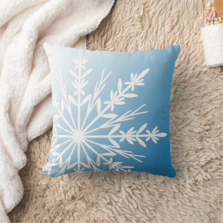White Snowflake on Blue Throw Pillow