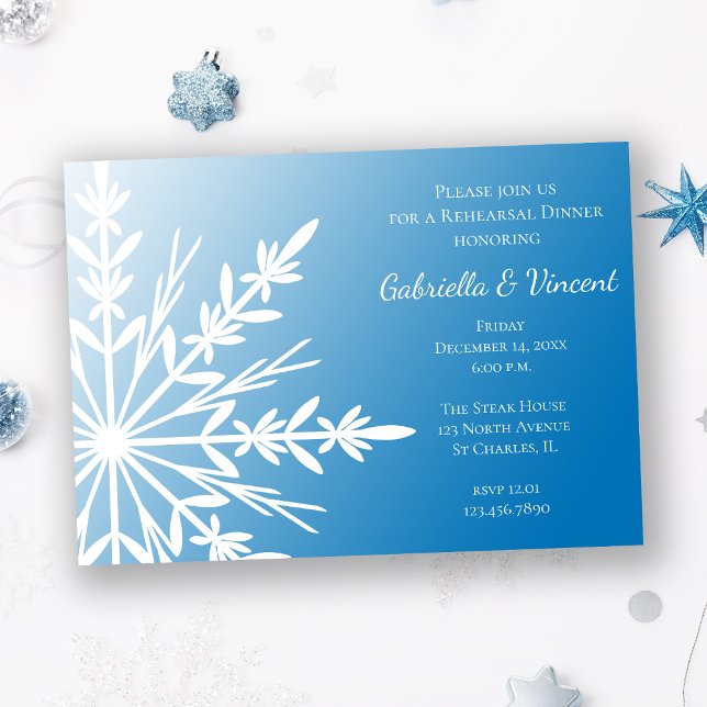 White Snowflake on Blue Winter Rehearsal Dinner Invitation (Creator Uploaded)