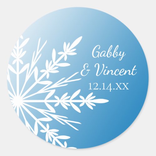 White Snowflake on Blue Winter Wedding Classic Round Sticker