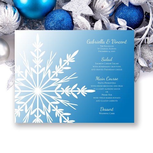 White Snowflake on Blue Winter Wedding Menu