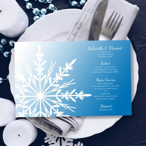 White Snowflake on Blue Winter Wedding Menu