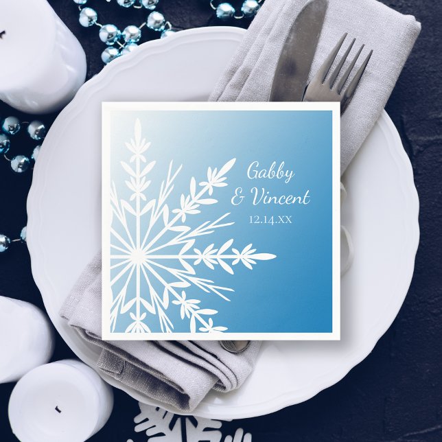 White Snowflake on Blue Winter Wedding Paper Napkins (Creator Uploaded)
