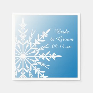 White Snowflake on Blue Winter Wedding Paper Napkins