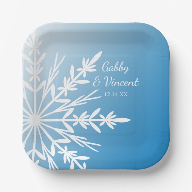 White Snowflake on Blue Winter Wedding Paper Plates (Front)