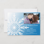 White Snowflake on Blue Winter Wedding Save The Date (Front)