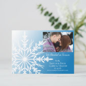 White Snowflake on Blue Winter Wedding Save The Date (Standing Front)