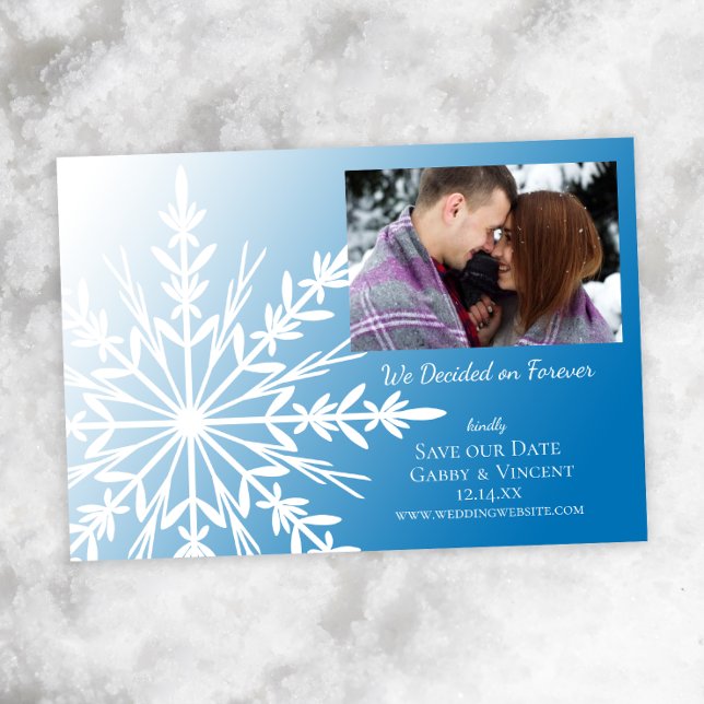 White Snowflake on Blue Winter Wedding Save The Date