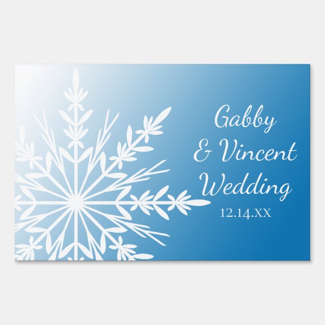 White Snowflake on Blue Winter Wedding Sign (Front)