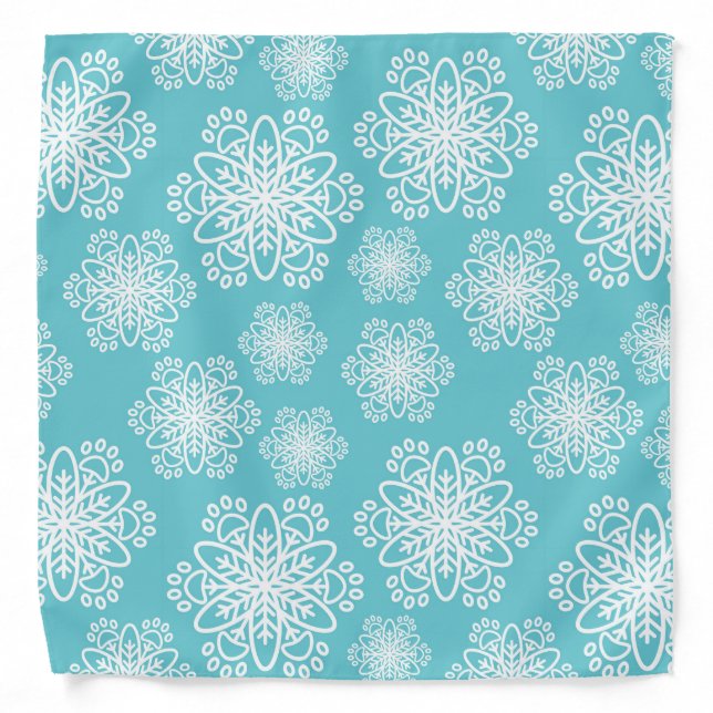 White  Snowflake on blue with paw print pattern Bandana (Front)