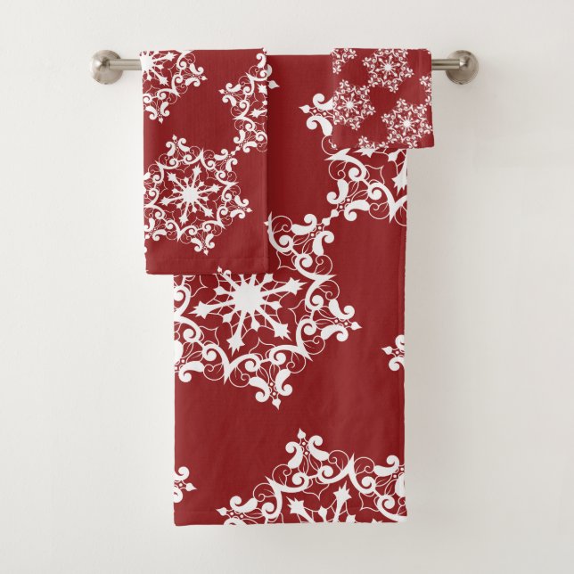 White Snowflake On Crimson Red Bath Towel Set (Insitu)
