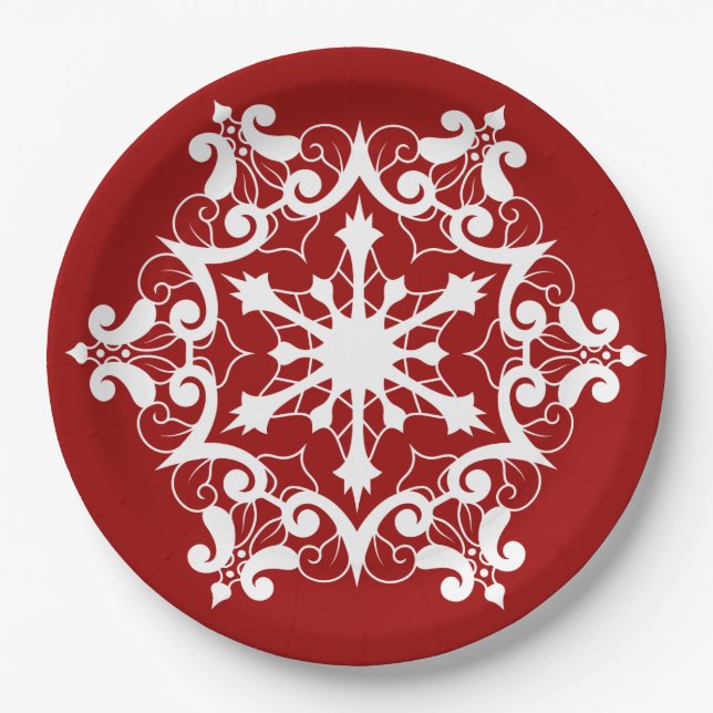 White Snowflake On Crimson Red Paper Plates (Front)